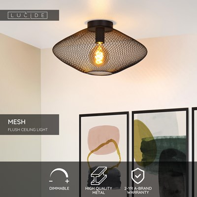 Lucide MESH - Flush ceiling light - Ø 45 cm - 1xE27 - Black